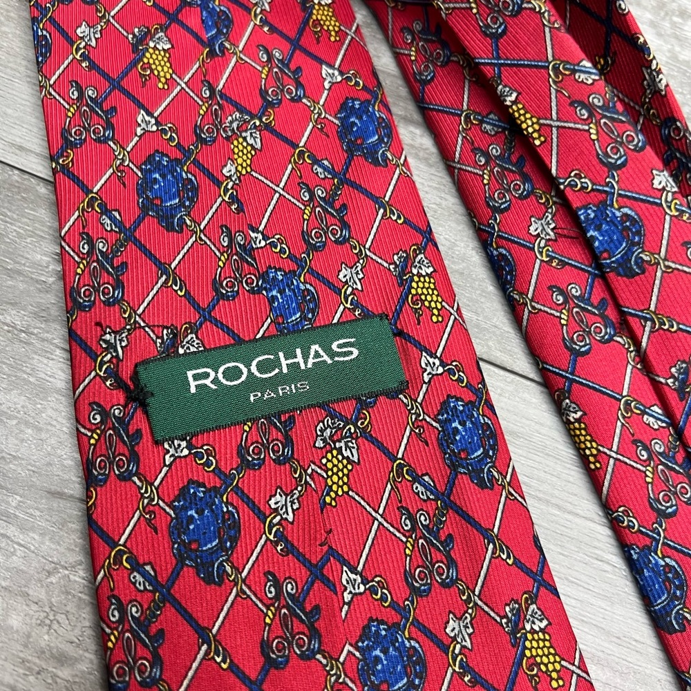 Rochas Red w/ Blue, Gold & Grey Abstract Pattern Silk Tie